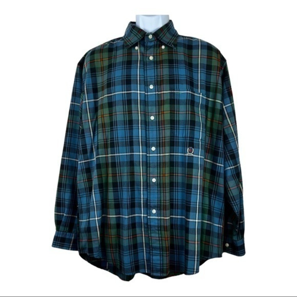 Tommy Hilfiger Men Casual Shirt Buttons Down Blue Plaid Sz L